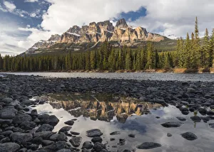 Castle Mountain and Bow River sunset and reflection, Banff National Park, Alberta, Canada