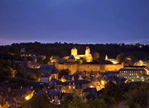 Fortified Walls Prints: Castle and old town at night, Fougeres, Brittany, France, Europe