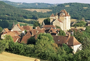 Limousin Prints: Castle and village, Curemonte, Correze, Limousin, France, Europe