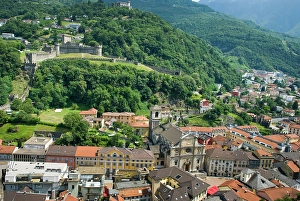 Ticino Prints: The Castles and town of Bellizona seen from Castelgrande, Canton Ticino, Switzerland