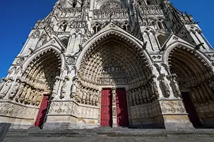 Sculptures Prints: Cathedral of Amiens features detailed sculptures and archways under clear blue skies in France