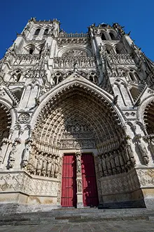 Sculptures Prints: Cathedral of Amiens features intricate details and a large entrance in France under a clear blue sky