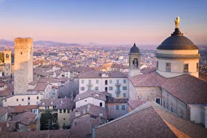 Bergamo Prints: Cathedral of Bergamo with Torre del Gombito from above during sunset, Upper Town