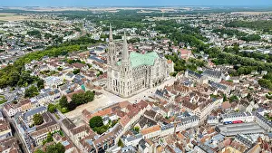 Roads Prints: Cathedral of Chartres shows intricate architecture from a high view in France