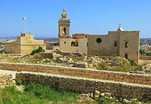 Rabat Prints: Cathedral church tower and ruins inside citadel castle walls Il-Kastell
