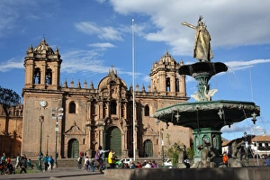 Jesuit Prints: Cathedral and fountain in Plaza de Armas, Cuzco, UNESCO World Heritage Site, Peru