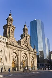 Cathedral Metropolitana and modern office building in Plaza de Armas, Santiago