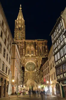 Street Light Prints: Cathedral Notre-Dame at night, Strasbourg, Alsace, Bas-Rhin Department, France, Europe