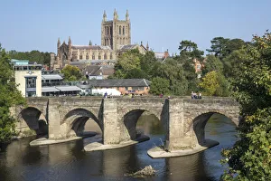 Towers Prints: Cathedral, old bridge and River Wye, Hereford, Herefordshire, England, United Kingdom