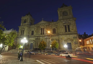 Bolivian Prints: Cathedral in Plaza Pedro Murillo at dusk, La Paz, Bolivia, South America