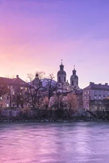 Innsbruck Prints: Cathedral of St. James is reflected in Inn River at sunrise, Innsbruck, Tyrol, Austria