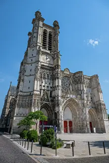 Season Prints: Cathedral of Troyes stands tall under blue skies in the Champagne wine region of France