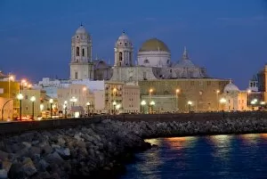 Images Dated 18th September 2007: Cathedral waterfront dusk, Cadiz, Andalucia, Spain, Europe