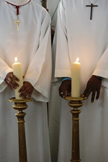 Traditional Ceremony Prints: Catholic altar boys holding church candles, Seine-Saint-Denis, France, Europe