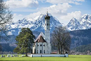 Typically German Prints: Catholic Church of St. Coloman with the Alps behind, Schwangau, Bavaria, Germany, Europe