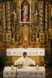 Arms Outstretched Prints: Catholic mass, Notre-Dame de la Gorge, Haute Savoie, France, Europe
