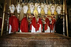 Catholic procession at the Stone of the Anointing, Church of the Holy Sepulchre