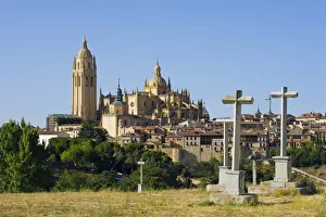 Gothic Style Prints: Cemetery crosses and Gothic style Segovia Cathedral dating from 1577, Segovia