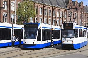 Trams Prints: Centraal Station and trams, Amsterdam, Netherlands, Europe