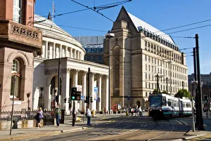 Manchester Prints: Central Library and tram, Manchester, England, United Kingdom, Europe