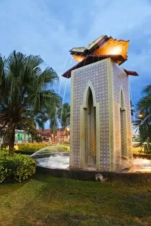 Central park and museum Negeri Kelantan (State Museum) illuminated at dusk, Kota Bharu, Kelantan State, Malaysia
