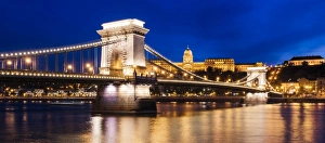 Typically Hungarian Prints: Chain Bridge and Buda Castle at night, UNESCO World Heritage Site, Budapest, Hungary