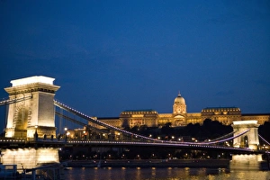 Danube Prints: Chain Bridge over Danube with Royal Palace beyond in the evening