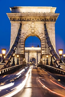 Typically Hungarian Prints: Chain Bridge at night, UNESCO World Heritage Site, Budapest, Hungary, Europe