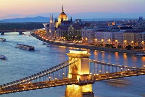 Connection Gallery: Chain Bridge, River Danube and Hungarian Parliament at dusk, UNESCO World Heritage Site, Budapest