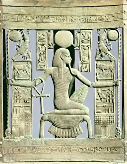 Chair Prints: Detail of the back of a chair decorated with royal names and with the spirit of millions of years