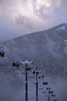 Ski Lift Prints: Chair lift filled with skiers and snowboarders