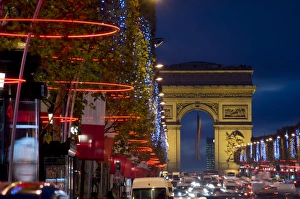 Champs Elysees Prints: Champs Elysees and Arc de Triomphe at dusk, Paris, France, Europe