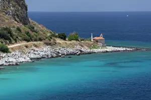 Chapel Prints: Chapel on headland with turquoise water, Limeni, Mani, Peloponnese, Greece, Europe