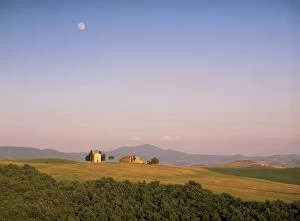 Chapel and moon, near Pienza, Siena Province, Tuscany, Italy, Europe