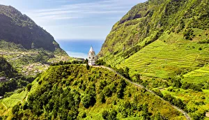 Chapels Prints: The chapel-tower Nossa Senhora de Fatima on top of green hills, Sao Vicente