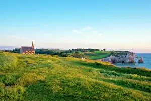 Chapel Prints: Chapelle Notre-Dame de la Garde chapel and white chalk cliffs, Etretat, Seine-Maritime