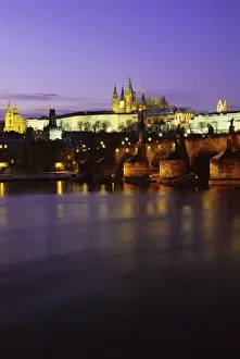 Mala Strana Prints: Charles Bridge, Vltava River, Mala Strana and Prague Castle at twilight during winter