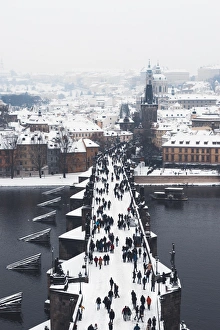 Czech Culture Prints: Charles Bridge over the Vltava River in winter, UNESCO World Heritage Site, Prague