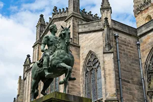 Edinburgh Prints: Charles II Statue with St. Giles Cathedral in background