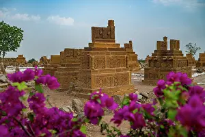 Sculptures Prints: Chaukhandi tombs show ancient architecture and cultural heritage in Karachi Pakistan with rich designs