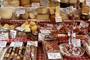 Stall Prints: Cheese and salamis at Papiniano market, Milan, Lombardy, Italy, Europe