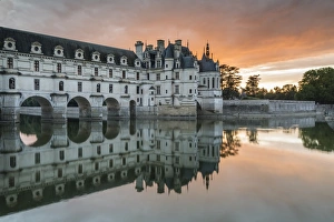 Centre Prints: Chenonceau castle reflected on the Loire at sunset
