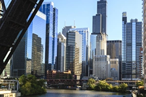 Sky Scrapers Prints: Chicago River and towers including the Willis Tower