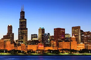 Lit Up Prints: Chicago skyline and Lake Michigan at dusk with the Willis Tower