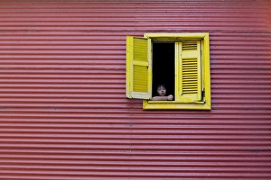 La Boca Prints: Child at a window, La Boca, Buenos Aires, Argentina, South America