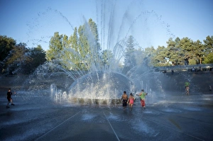 Seattle Prints: Children play in the fountain at Seattle Center, Seattle, Washington State