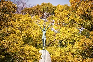 Resilience Prints: Children's Peace Monument against beautiful golden autumnal leaves Hiroshima, Japan
