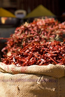 Pile Prints: Chillies on market stall, Udaipur, Rajasthan, India, Asia