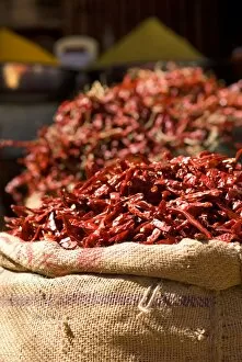 Chillies on market stall, Udaipur, Rajasthan, India, Asia