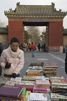 A Chinese girl looking for books at Ditan Park book fair, Beijing, China, Asia